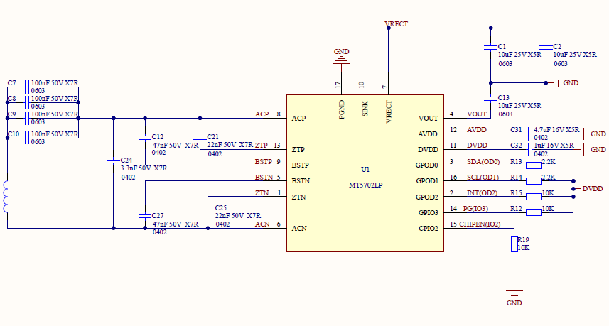 美芯晟MT5702LP无线充接收芯片10w（10V 1A）芯片典型应用设计原理图